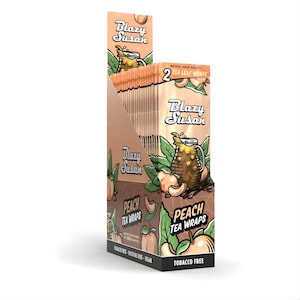May include: A display box of "Blazy Susan" peach tea leaf wraps. The box is peach and brown with the brand name and product information printed on it. The box also features illustrations of peaches and tea.