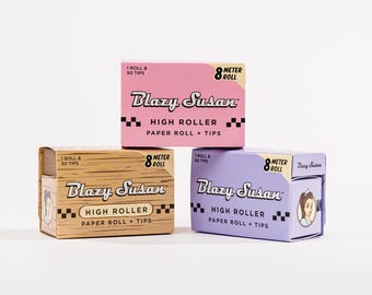 Blazy Susan High Roller Kit Bundle | Pink, Purple, and Unbleached 8 meter rolls - Uncut Rolling Paper | Perforated Tips Included
