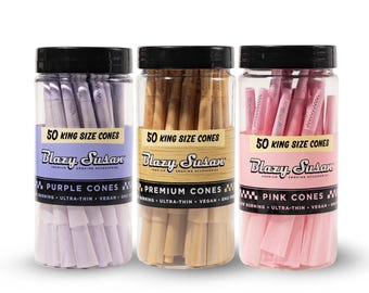 Blazy Susan King Size Pre Rolled Cones 50 Count jar - Pink, Purple, or Unbleached