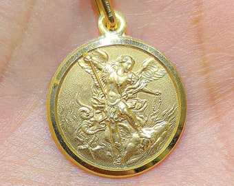 18K Gold St. Michael Archangel Catholic Medal Necklace Pendant Charm Patron Saint Police/Blessed by Pope on request/San Miguel Medalla Oro