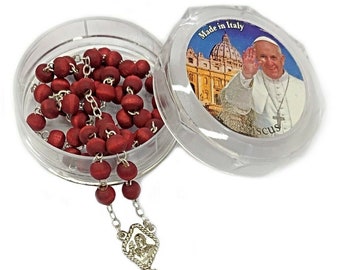 Pope Francis Medal Pectoral Cross Red Rose Petals Scented Wooden Rosary + Gift Box-Blessed by Pope on request/Rosario Papa Perfumado Rosa