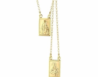 Our Lady Mt. Carmel & Sacred Heart Jesus Gold Plated Silver 925 Scapular Necklace Blessed by Pope on request/Escapulario Plata Bendido Papa