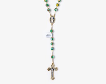 Our Lady Miraculous Medal 5 Decade Catholic Rosary-Dark Green Murano Glass Prayer Beads- Blessed by Pope/Bendito Rosario Milagrosa en Vidrio