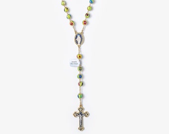 Our Lady Miraculous Medal 5 Decade Catholic Rosary-Green Murano Glass Prayer Beads- Blessed by Pope/Bendito Rosario Milagrosa en Vidrio