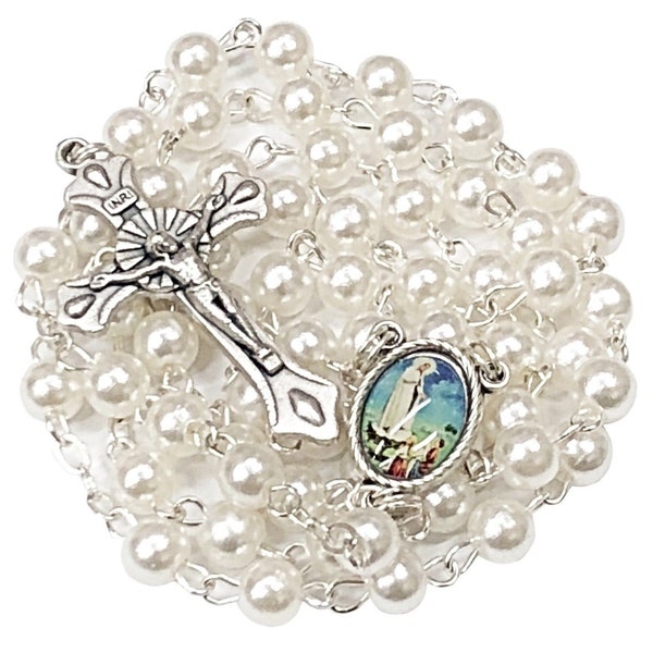 Our Lady of Fatima Pearl Beads Catholic Rosary + Soil Relic & Gift Box-Blessed by Pope on request/Rosario Fatima con Caja y Reliquia Tierra