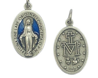 Lot Bulk 5/10/25 Pcs Silver Tone Blue Enamel Our Lady Miraculous Medals Pendants Charms-Blessed by Pope on request/Medallas Milagrosa Azul