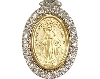 18K White/Yellow Gold Two Tone Our Lady Miraculous Medal Catholic Necklace Pendant Charm/Blessed by Pope on request/ Medalla Milagrosa Oro