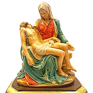 Virgin Mary Jesus Christ Pieta by Michelangelo Handmade Hand Painted Wood Carving Sculpture-Blessed by Pope on request/Estatua Piedad Madera image 1