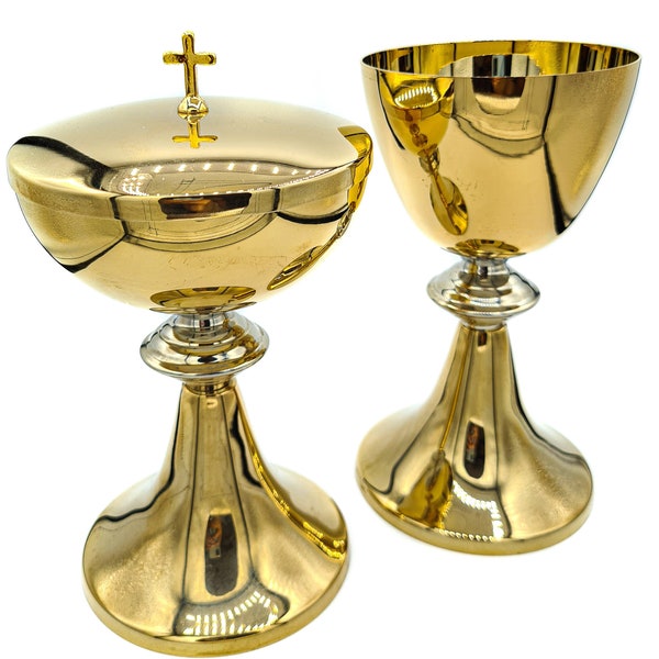 Vergoldetes Messing Zweifarbiges Kelch & Ziborium Set für Heilige Messe, Religiöses Geschenk für Priester, Liturgisches Zubehör der Kirche, Made in Italy