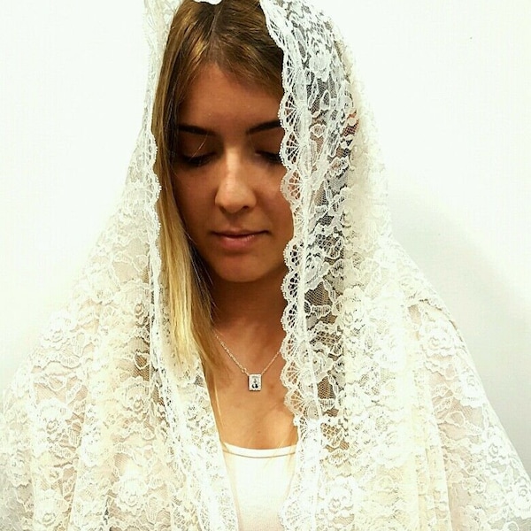 Rectangular Rose Embroidery Italian Lace Chapel Veil, Catholic Christian Church Clothing, Religious Head Covering/Mantilla Para Misa Iglesia