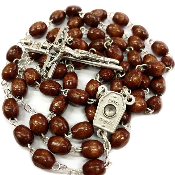 Our Lady of Lourdes Catholic Wooden Rosary With Water Relic & Gift Box Rosario Nuestra Senora de Lourdes con Reliquia Agua