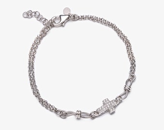 Sterling Silver 925 Infinity Bracelet with Cross and Zircons/Religious Gift for Girls & Women, Italian Jewelry/Pulsera Plata Cruz e Infinito