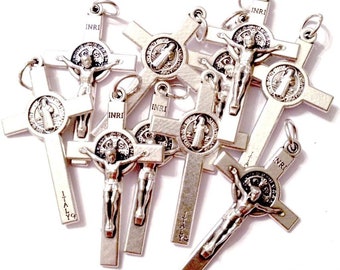 Lot Bulk 10/25/50/100 Silver Tone St Benedict Medal Crosses Crucifixes Pendants-Blessed by Pope on request-Cruz Crucifijo Medalla San Benito