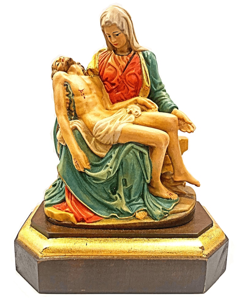 Virgin Mary Jesus Christ Pieta by Michelangelo Handmade Hand Painted Wood Carving Sculpture-Blessed by Pope on request/Estatua Piedad Madera image 1