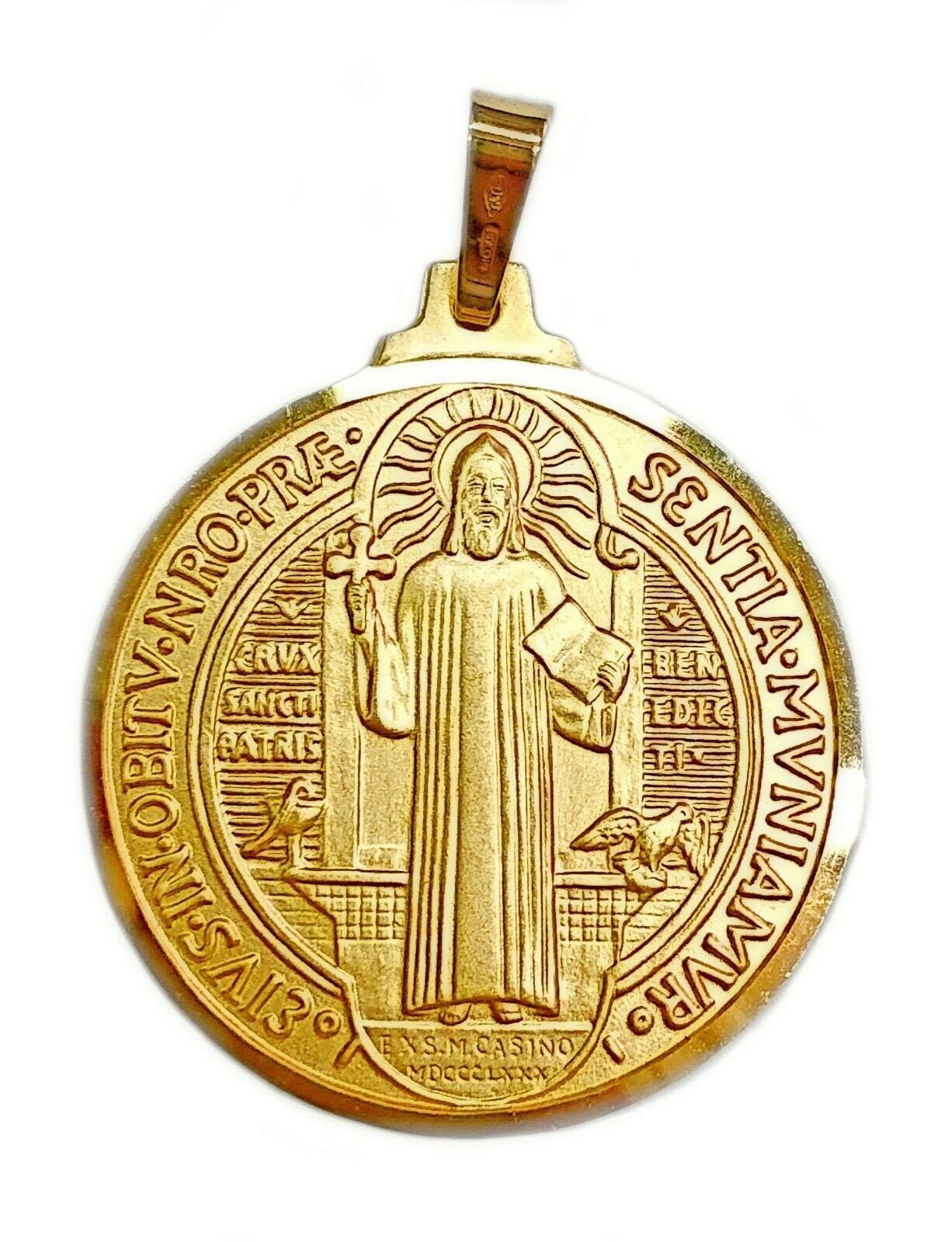 Cross of Saint Benedict Crux Sancti Patris Benedicti Coining Sacred Medal  Round Pendant gr 3,9 Yellow Gold 18k with Enamel Unisex Woman Man