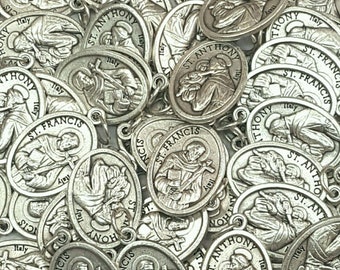 Lot Bulk 10/25/50/100 Pcs St Anthony & St Francis Silver Tone Medals Charms-Blessed by Pope on request /Medallas San Antonio y San Francisco