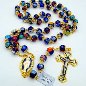 Medalla Milagrosa de Nuestra Señora 5 Década Rosario Católico-Cuentas de Oración de Vidrio de Murano Azul- Bendito por el Papa/Bendito Rosario de la Milagrosa en Vidrio