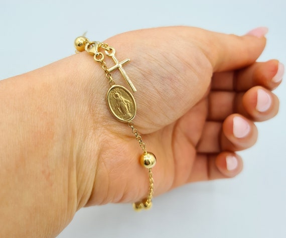 18K Gold Italian Bracelet Rosary With Our Lady Miraculous Medal Charm Cross blessed by Pope on Request pulsera Rosario Oro Medalla Milagrosa Etsy Canada