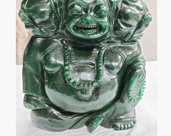 New Year Offer 3 head Green jade Laughing Buddha, Canadian Jade Happy Buddha, Green Jade Untreated Jade, Clear Quartz Buddha Quartz Buddha