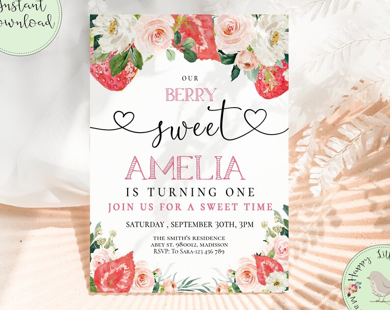 Editable Berry First Birthday Invitation Template Cute Strawberry First Birthday Party Invitation Floral Watercolor Corjl