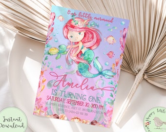 Editable Under The Sea Mermaid Birthday Invitation | Mermaid Birthday Party Invite | Watercolor Sea Creatures Corjl Invitation Template 5x7