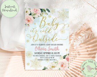 Editable Winter Baby Shower Invitation Template | Baby It's Cold Outside Baby Sprinkle Invite | Floral Holiday Christmas Xmas 5x7 DIY