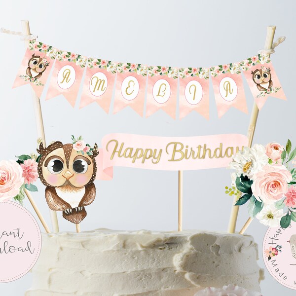 Owl Cake Topper, cake toppers, cake banner, custom cake topper, birthday banner, watercolor first birthday, birthday cake topper