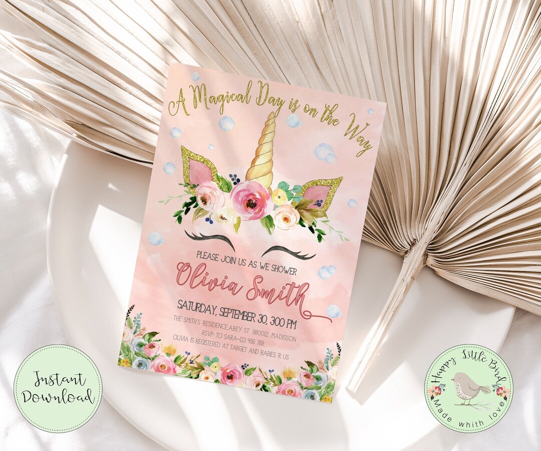 Editable Unicorn Baby Shower Invitation Template Minimalist Etsy