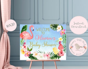 flamingo baby shower welcome sign, baby shower sign, baby shower decor, flamingo party printables welcome baby shower sign personalized sign