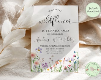 Editable Wildflower Birthday Party Invitation | Wild Flowers Birthday Invitation Template | Garden Watercolor First Birthday Invitation 5x7