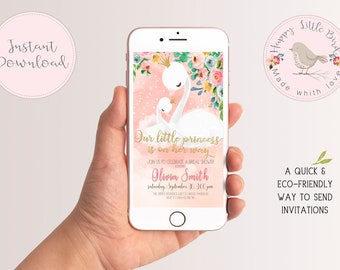 Swan Baby Shower Electronic Invitation Template | Editable Princess Baby Shower Evite Watercolor Text Message Corjl Invitation DIY 5x7