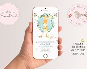 Editable Bunny Baby Shower Electronic Invitation Template | Oh Boy Baby Shower Evite | Watercolor Text Message Invite Corjl Invitation Boy