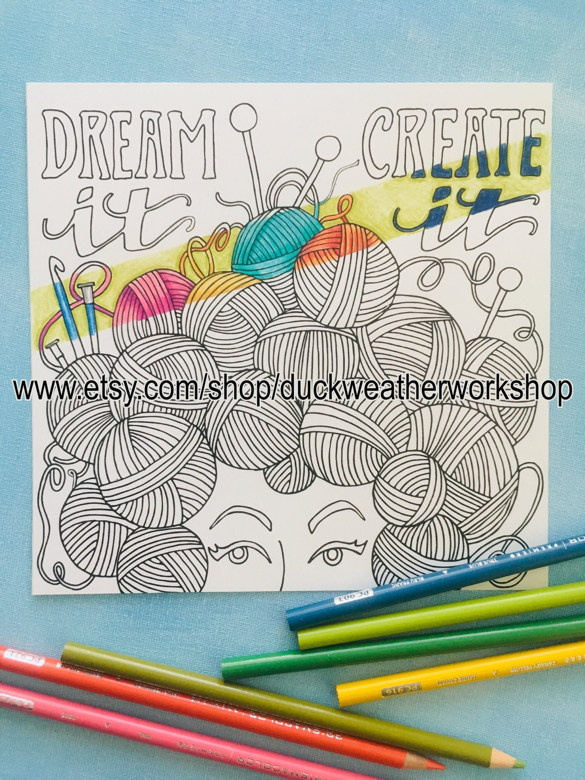 Knitting or Needlecraft Coloring Page "dream It, Create It" Instant ...