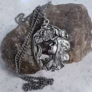 Art nouveau lady pendant silver tone necklace