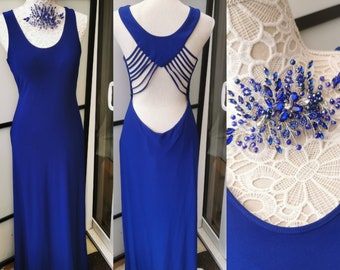 Royal blue prom dress with hair accessory