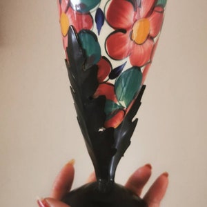 Vintage countryside, handpainted, floral posy vase, ceramic, metal stand