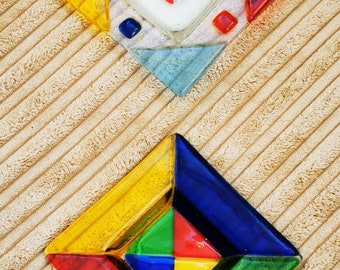 Stained glass tea light holders pair, multicoloured glass, stained glass, square shape, originally from Menorca, handmade, home decor