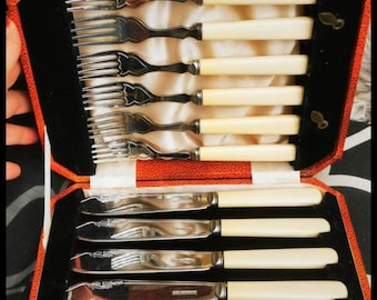 antique fish cutlery set, silver plated, set of 12,silverware,in original box