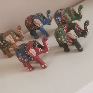 Vintage Indian hand carved and painted mini wooden elephants, home decor, set of 5,multicoloured, collection