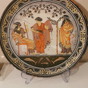 Ancient Greek ceramic,clay/terracotta plate, handmade and handpainted,Godess of the sea Amphitrite,God Poseidon,God Dionysus,Greek mythology