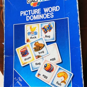 Galt Toys Picture Word Dominoes, vintage, aprendizaje para niños, tarjetas con imágenes, tarjetas con palabras, ilustradas, coloridas, fichas de aprendizaje, juego educativo