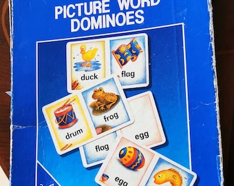 Galt toys Picture Word Dominoes,vintage,kids learning,picture cards,words cards, illustrated,colourful,learning tiles,educational game, 1977
