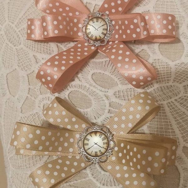 Beaux nœuds de cheveux, faits à la main, girly, shabby chic, détail d’horloge, cadeau, ensemble de 2, nœuds de ruban, style vintage Français