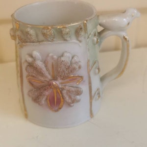 Antique made in Germany tiny cup/esspreso collectable,with bird design,3d design,ceramic, engraved/sign, present,lustre, 1980&#39;s, Victorian,