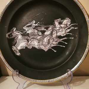 Antique rare Adams pottery collectable plate,black matt glaze,chariot design,27cm diameter,late 19th century early 20th century,Old Greek