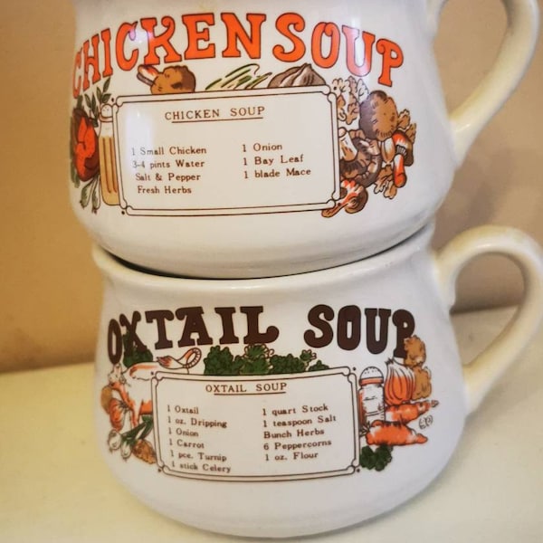 tasse à soupe vintage, années 1970, tasse à soupe en queue de bœuf, tasse à soupe au poulet, receipe sur la tasse, céramique, tasse à soupe / bol, avec poignée, objet de collection