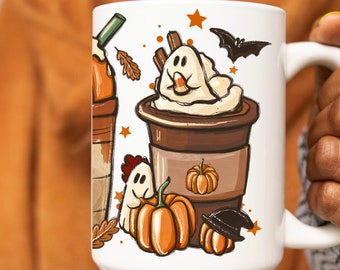 Cute Ghost Halloween Coffee Mug, Coffee Bar Decor, 15oz Black Mug