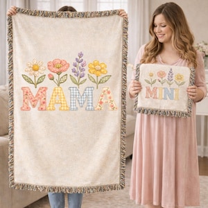 ママへの名入れ織りブランケット、初めての母の日ギフト、花柄フェイクパッチワークキルト、カスタムネームブランケット、家宝のスロー