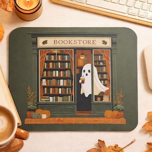 Ghostly Bookstore Mauspad mit Herbst Vibes, Geschenk für Leser, Halloween Dekoration, Bürozubehör, Geschenke für Buchliebhaber