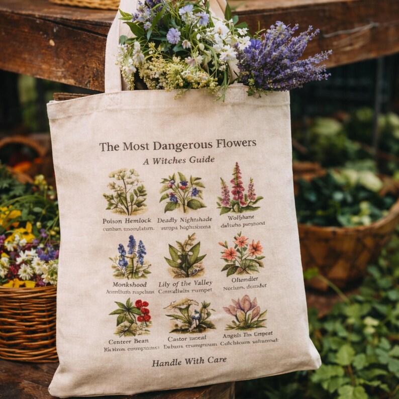 Witchy Botanical Tote Bag – Vintage Farliga Blommor Art Market Bag bild 1